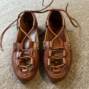 Hereu Cordada Ghillie Brown Leather Lace Up Tie Flats